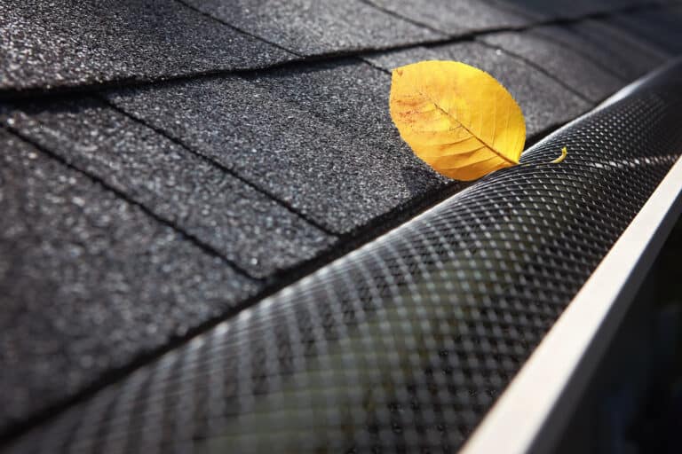 Plastic guard over gutter on a roof with a leaf stuck on the outside